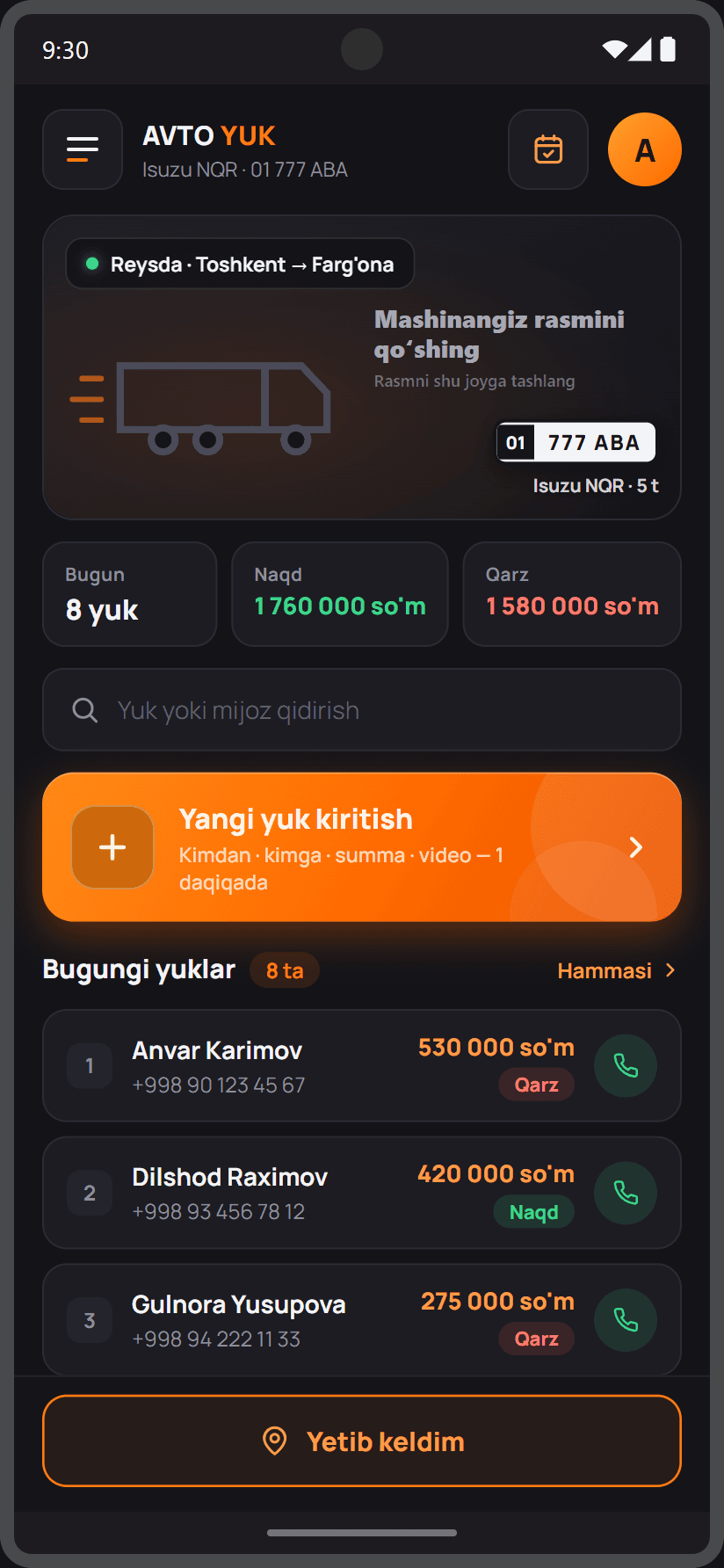 Avto Yuk ilovasining bosh ekrani — Android telefonda